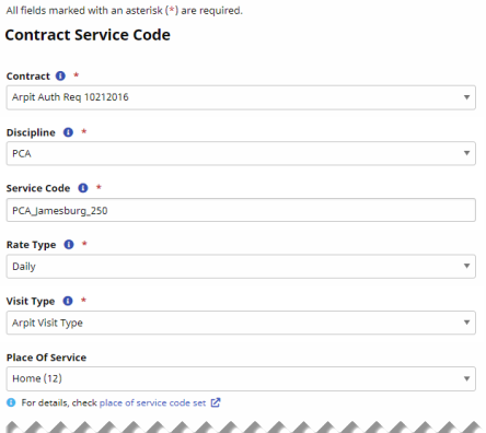 The Contract Service Code window displays field to define and create a new Contract Service Code.